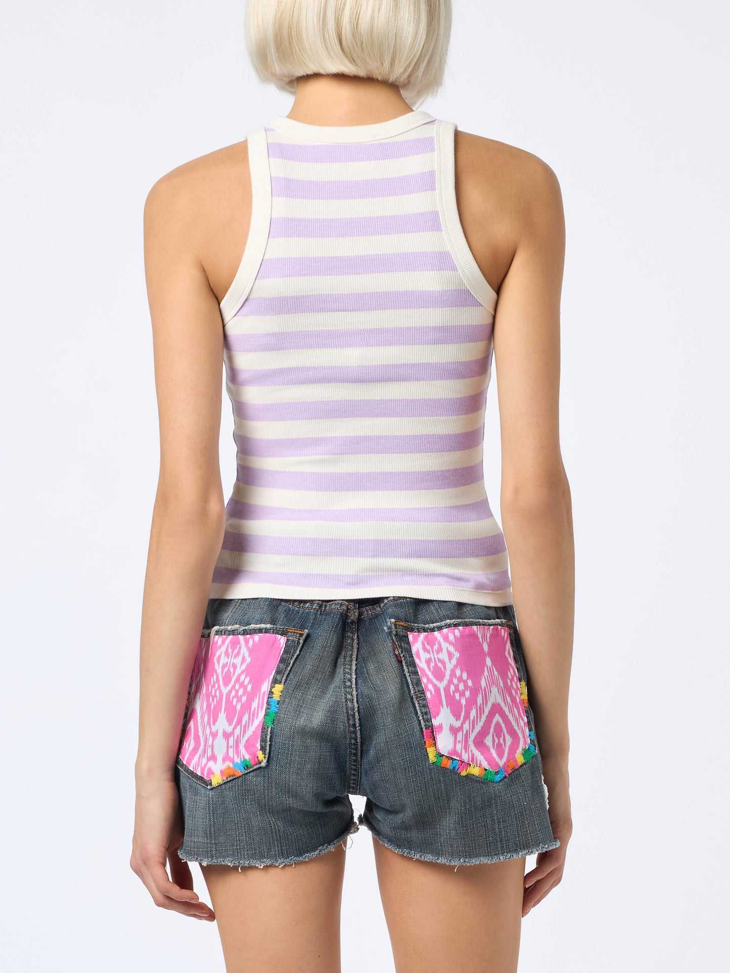 Woman rib-knit lilac and off-white striped cotton tank top - MC2 Saint Barth