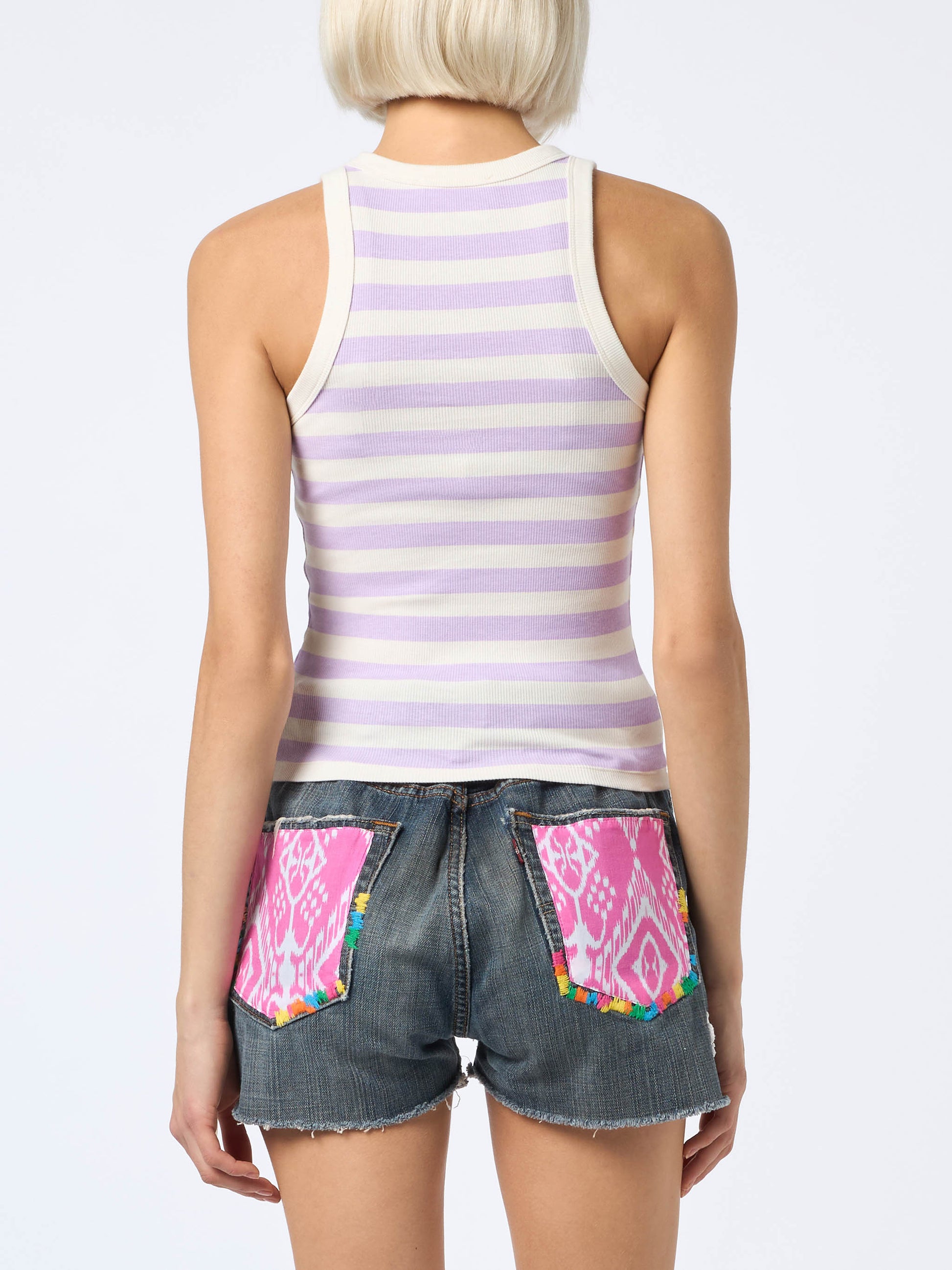 Woman rib-knit lilac and off-white striped cotton tank top - MC2 Saint Barth