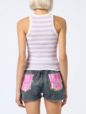 Woman rib-knit lilac and off-white striped cotton tank top - MC2 Saint Barth