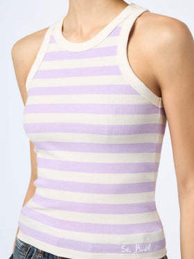 Woman rib-knit lilac and off-white striped cotton tank top - MC2 Saint Barth