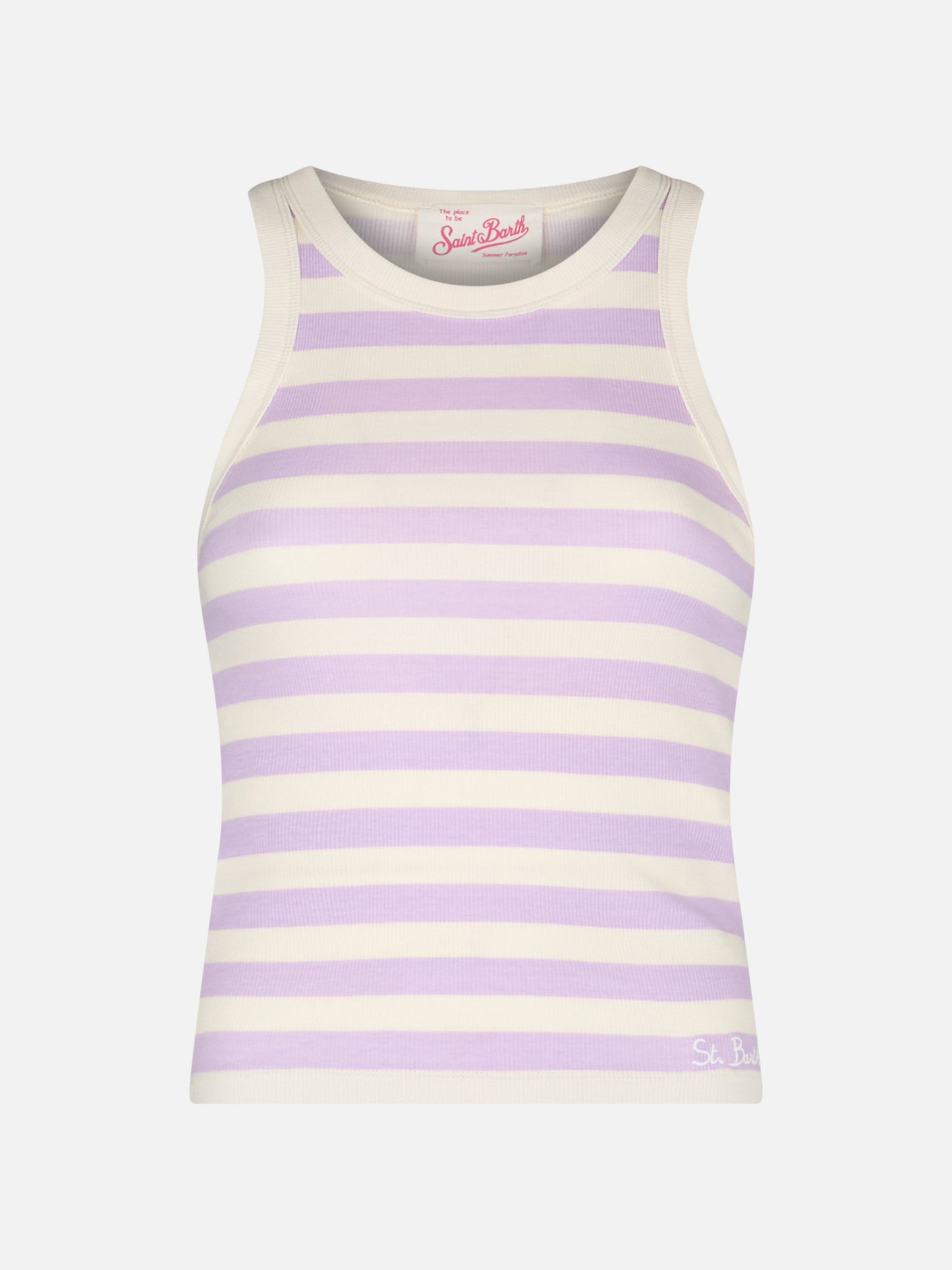 Woman rib-knit lilac and off-white striped cotton tank top - MC2 Saint Barth