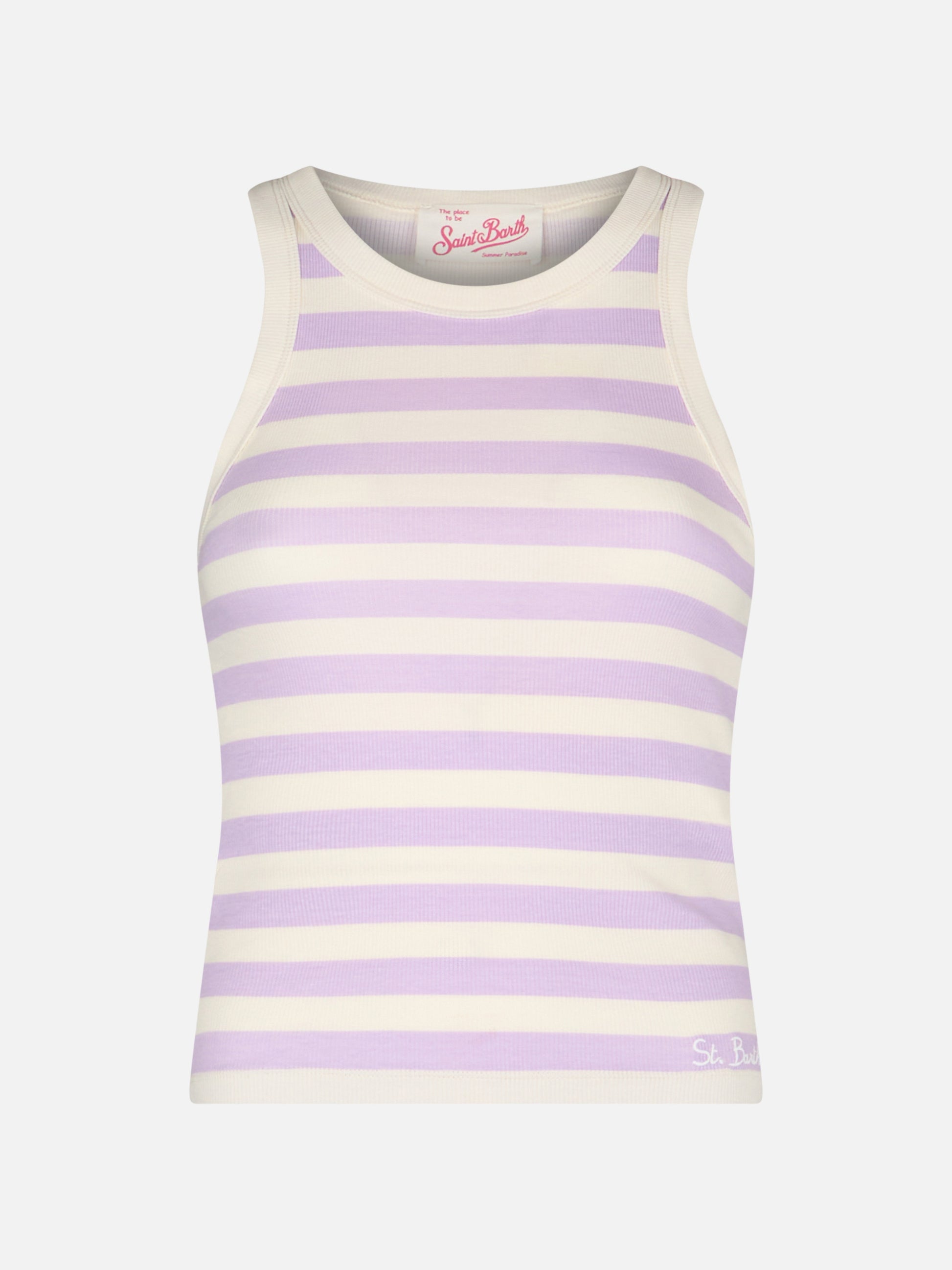 Woman rib-knit lilac and off-white striped cotton tank top - MC2 Saint Barth