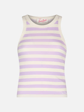 Woman rib-knit lilac and off-white striped cotton tank top - MC2 Saint Barth