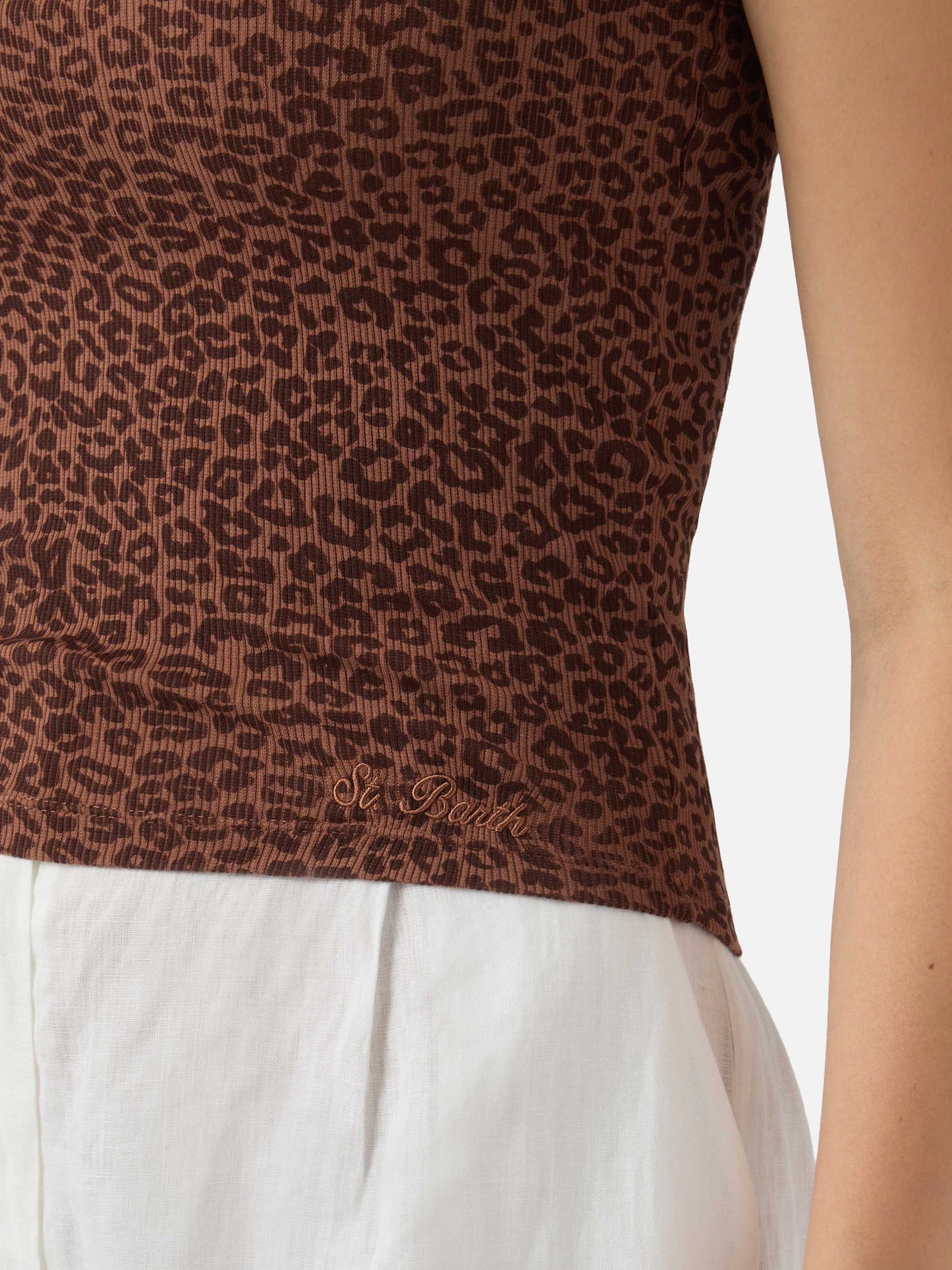 Canottiera Ada a costine con stampa leopardata e ricamo