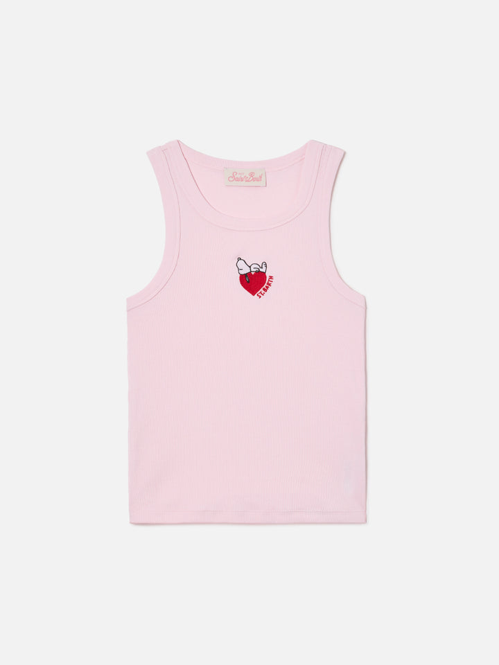 Pink ribbed Ada tank top with Snoopy print and St. Barth Lover embroidery | Special edition