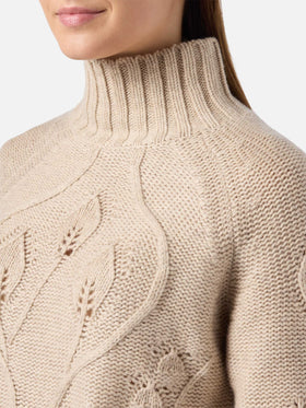 Maglia beige a collo alto Alais in misto cashmere con fiori 3D