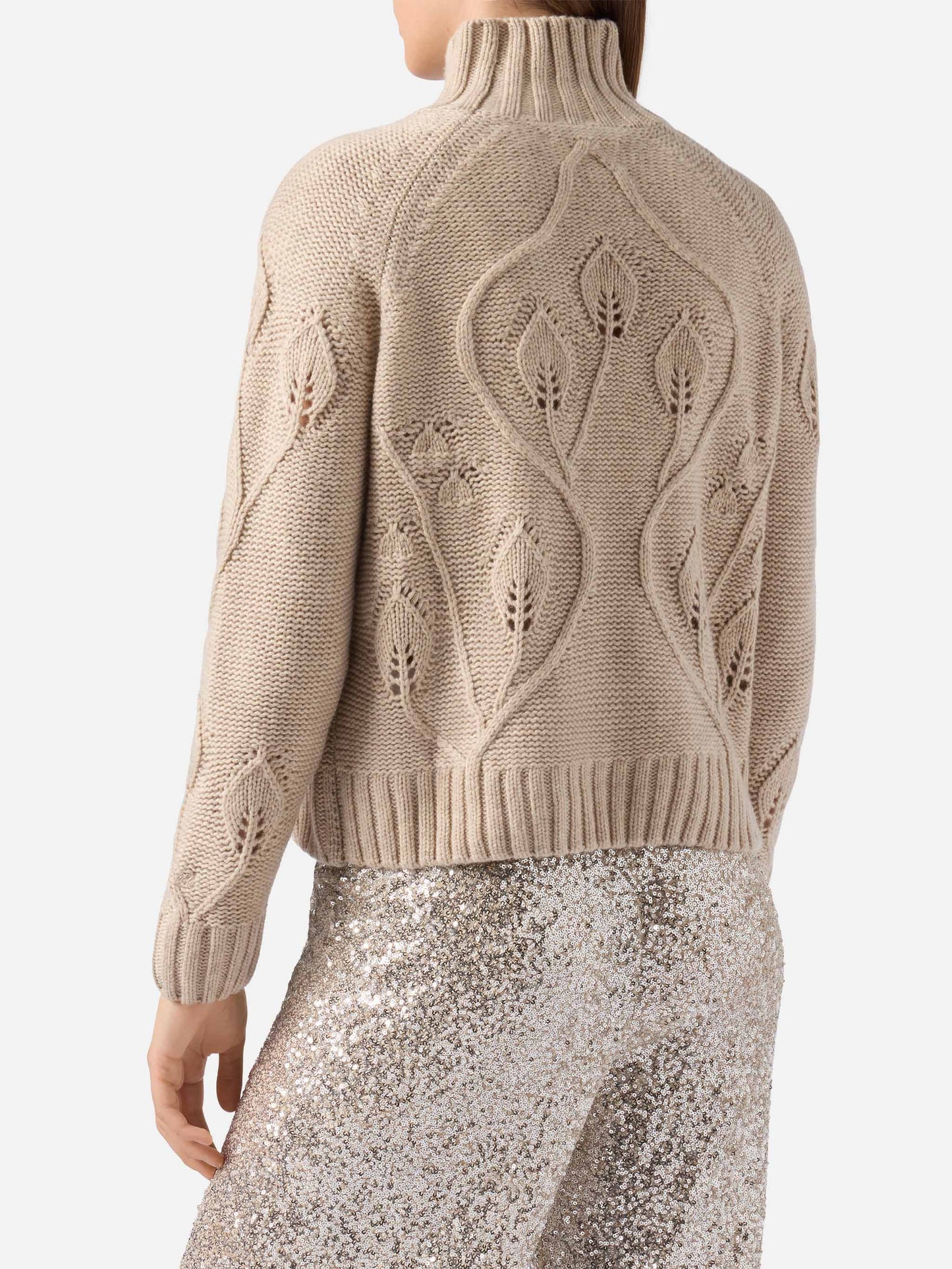Maglia beige a collo alto Alais in misto cashmere con fiori 3D