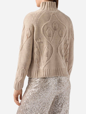 Maglia beige a collo alto Alais in misto cashmere con fiori 3D