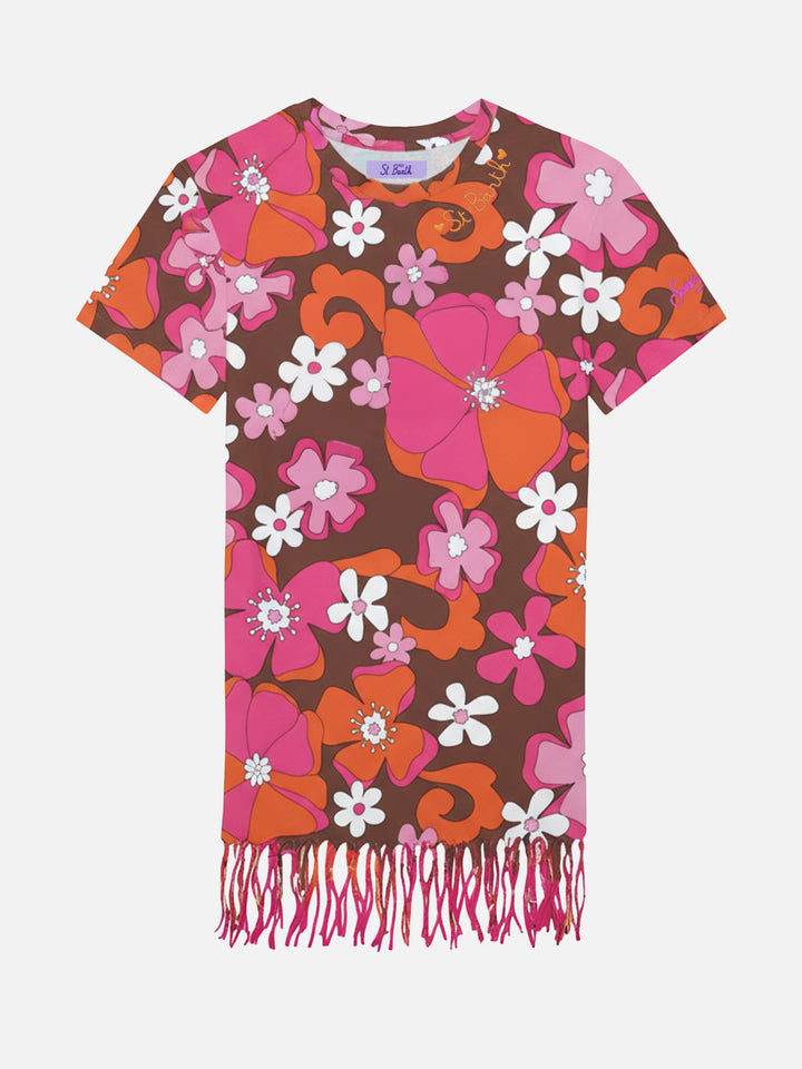 Abito Abbey con frange e stampa fiori retrò