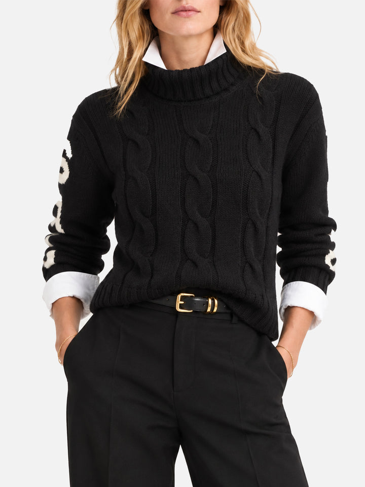 Schwarzer, geflochtener Rollkragenpullover Adler mit Saint Barth-Jacquard 