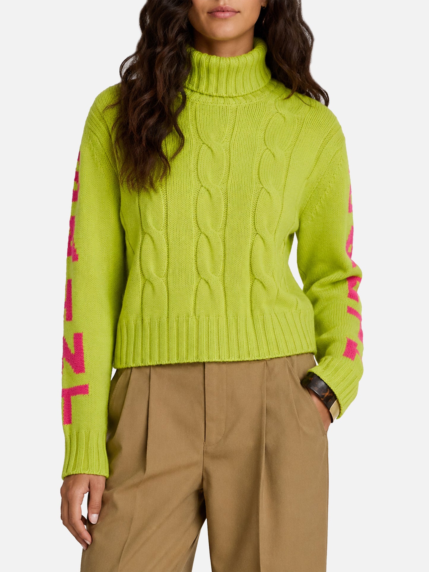 Adler Rollkragenpullover aus Zopfmuster in Fluo-Gelb 