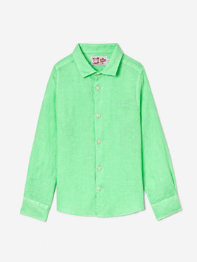 Camicia Agnes verde fluo in lino con stampa acquerello