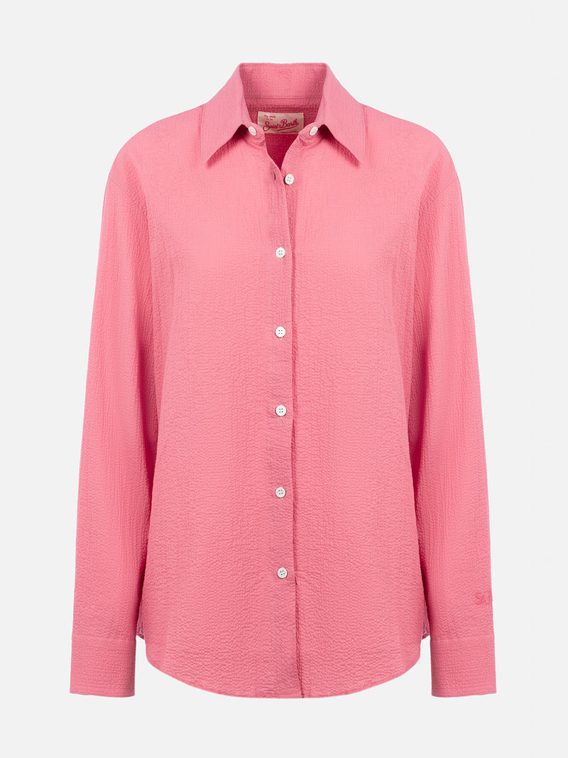 Woman pink seersucker shirt Aisha