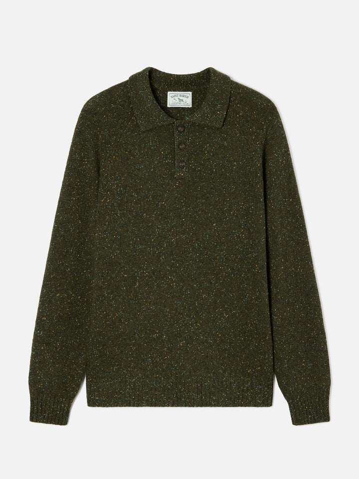 Military green Alfie wool blend Donegal knit polo
