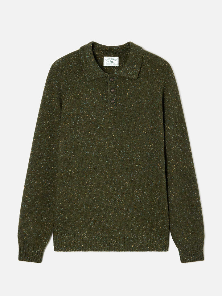 Polo in maglia Alfie verde militare in misto lana Donegal