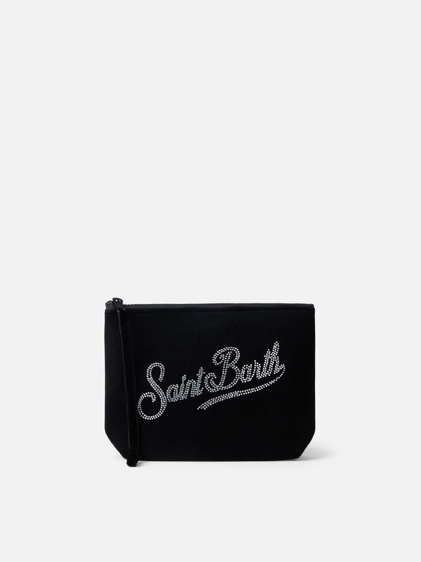 Schwarze Samtpochette Aline mit Strass-Logo