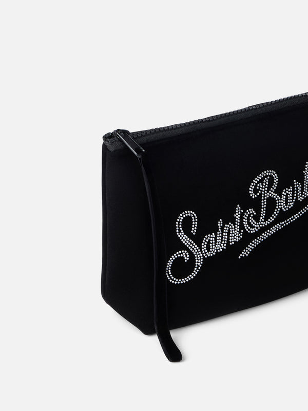 Black velvet pochette Aline with rhinestones logo