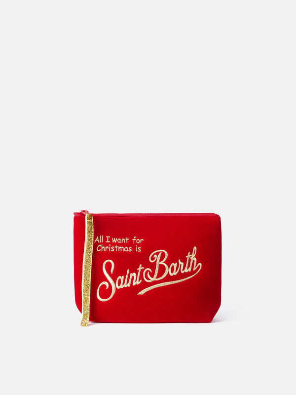 Rote Samtpochette Aline mit Lurex-Logo