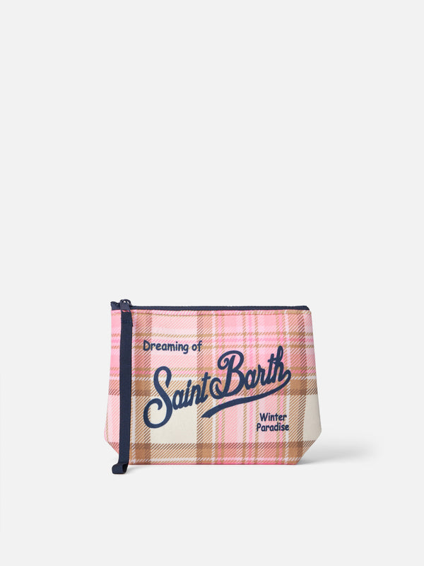 Pochette Aline in lana con stampa tartan rosa