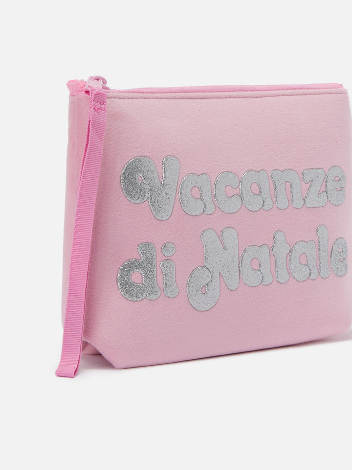 Aline Pouch in pink wool-effect fabric with Christmas Vacation print | VACANZE DI NATALE SPECIAL EDITION