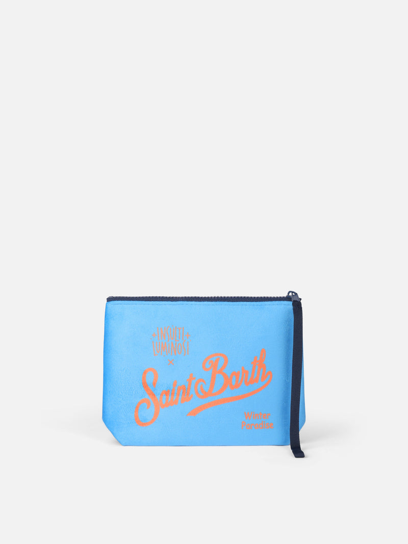 Blaue Wollpochette Aline mit „Col Ghiaccio ci faccio lo Spritz“-Aufdruck