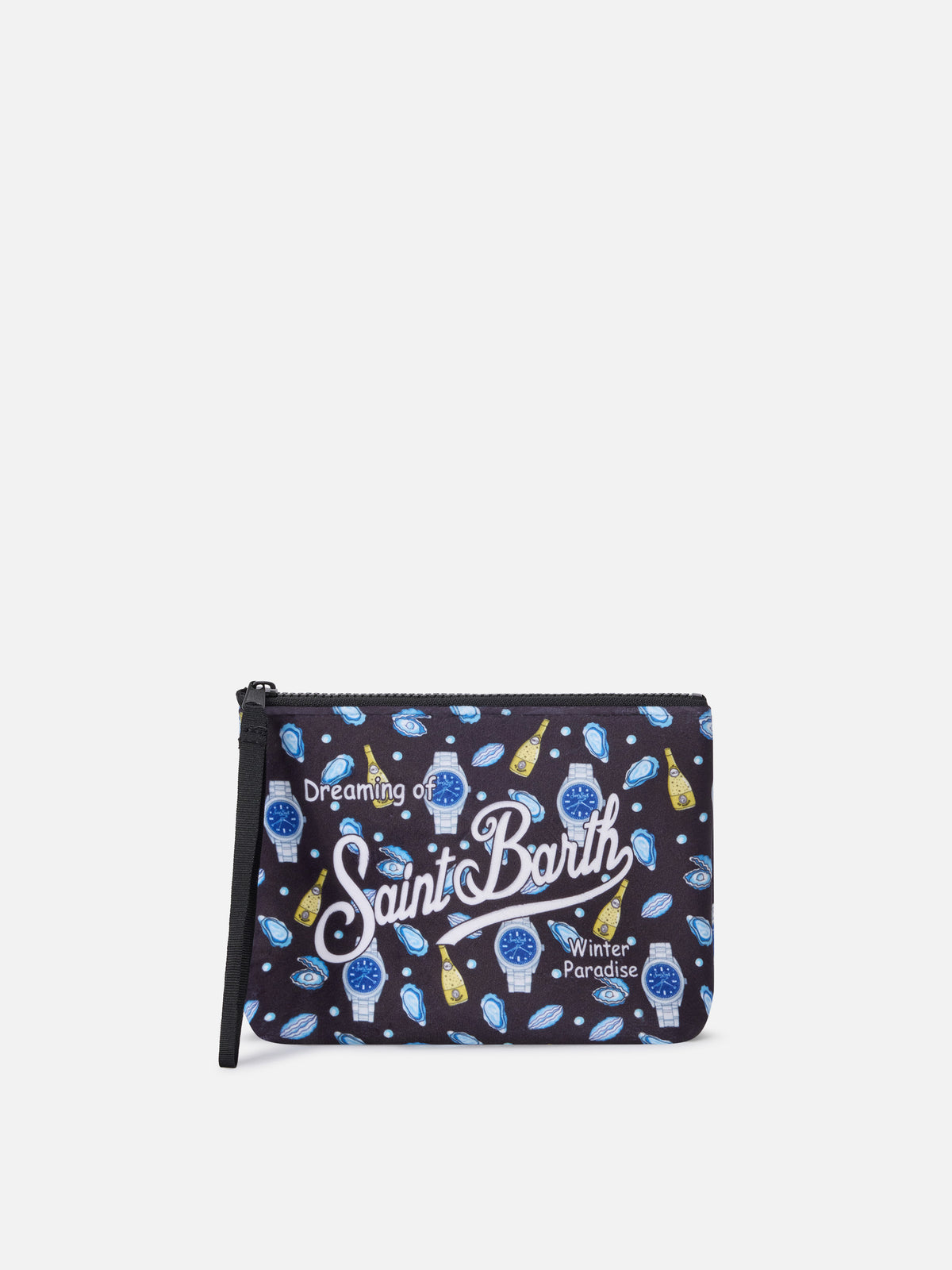Schwarzer Aline pochette mit Austern- und Uhren-Print 