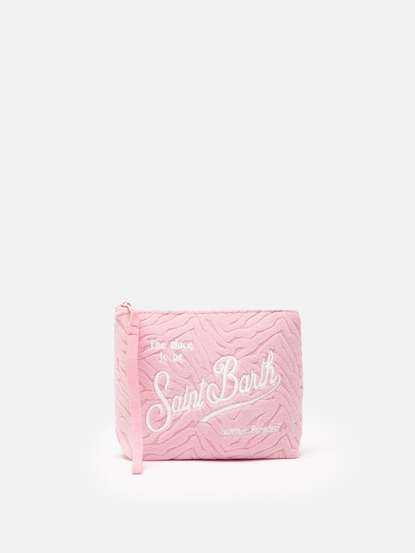 Pochette Aline in spugna rosa con motivo zebra embossed