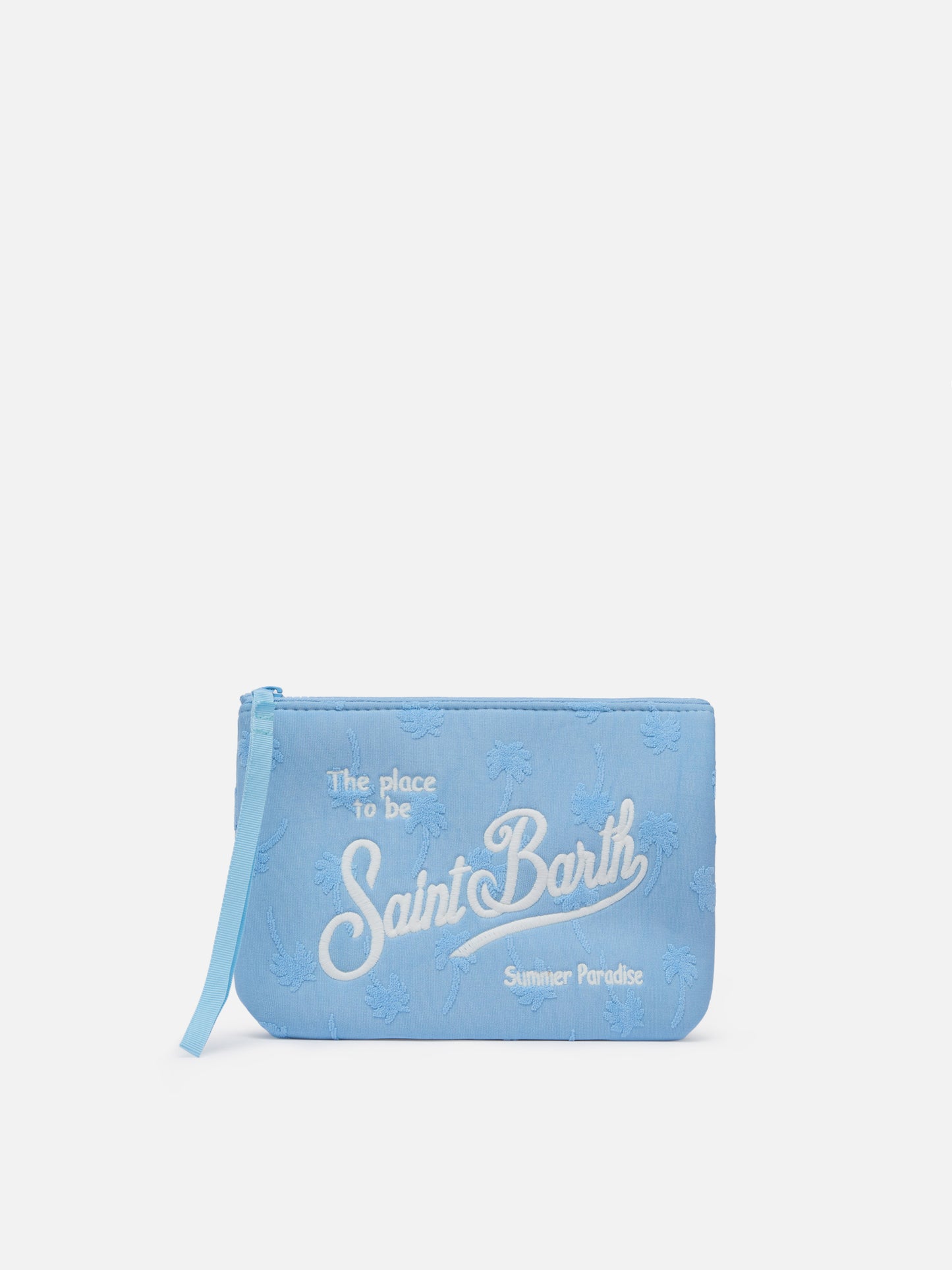 Pochette Aline in spugna azzurra con motivo palme embossed