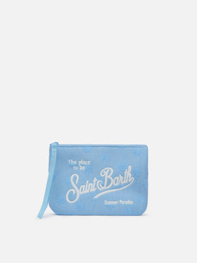 Pochette Aline in spugna azzurra con motivo palme embossed