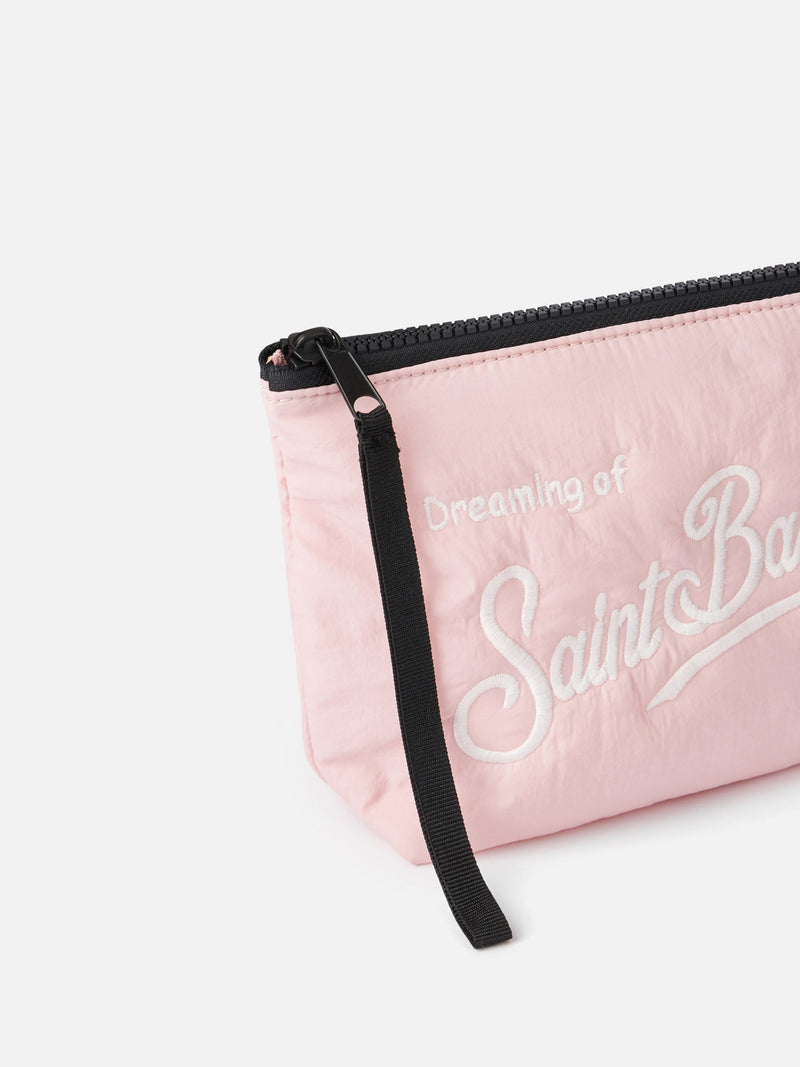 Pink puffer pochette Aline with logo embroidery