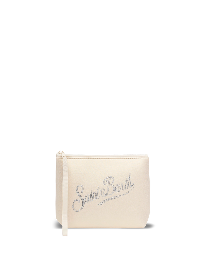 Pochette beige laminato Aline con logo in strass