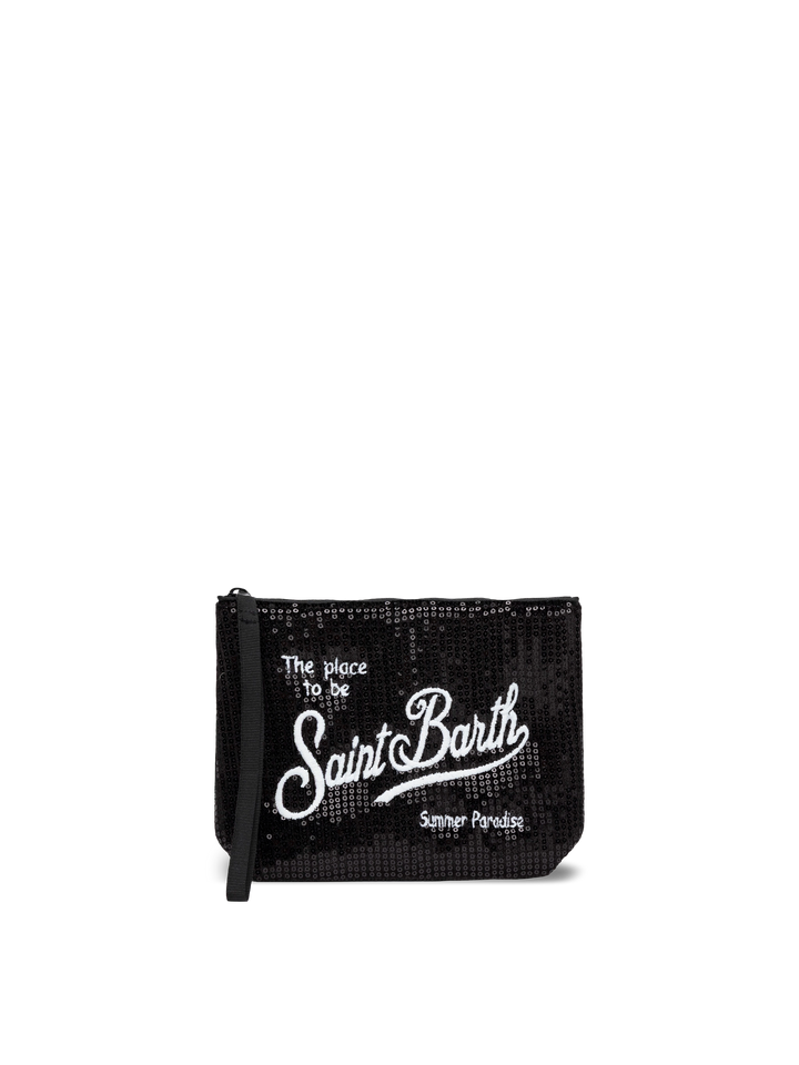 Schwarze Aline-Pochette mit Pailletten und aufgesticktem Logo