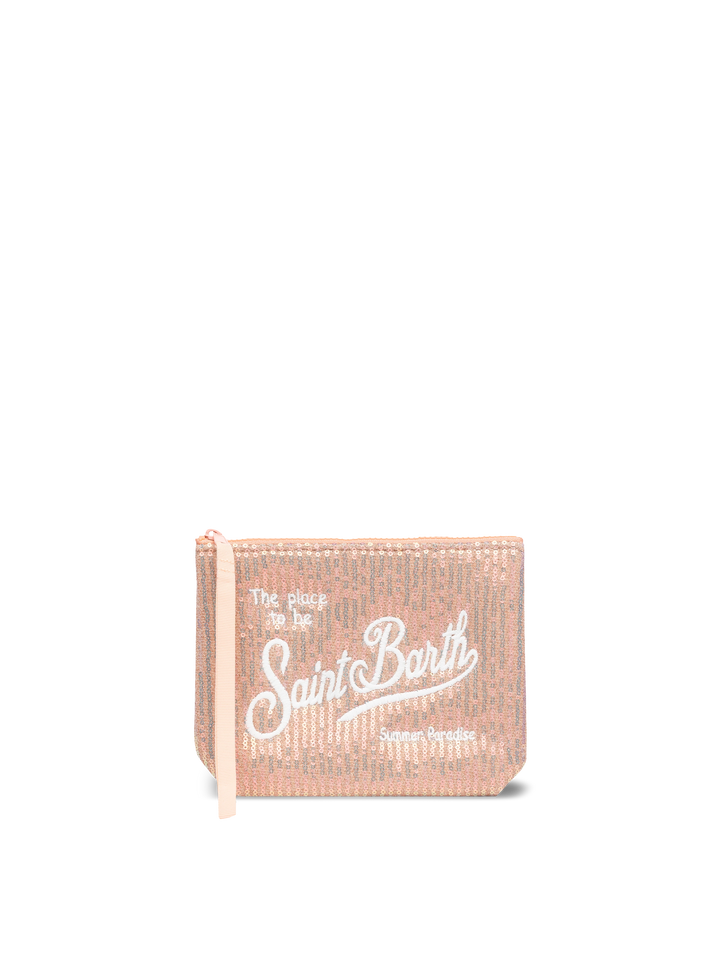 Pochette Aline rosa con paillettes e logo ricamato