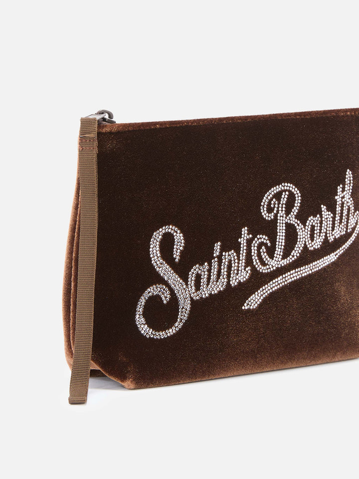 Aline Velvet Pouch in camel velvet with rhinestones
