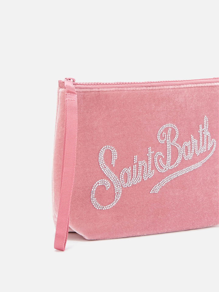 Pochette Aline rosa in velluto con logo in strass