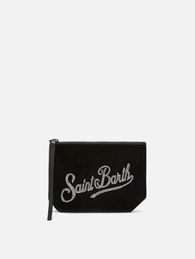Schwarzes Aline aus Samt pochette mit Strasslogo 