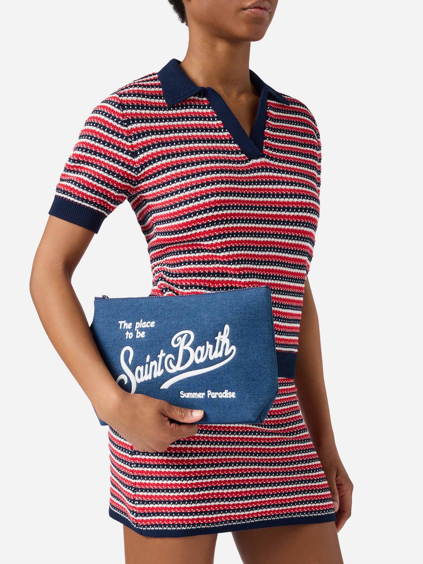 Aline dark blue denim-effect pouch