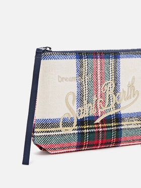 Pochette Aline in misto lana con motivo tartan e ricamo logo