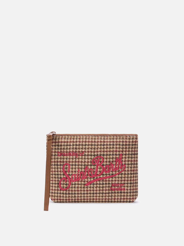 Aline de mezcla de lana pochette con motivo de pata de gallo y bordado del logo 