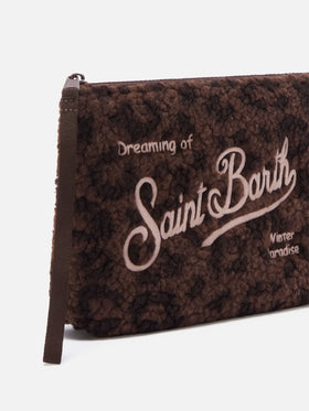 Pochette Aline in tessuto teddy con stampa leopardata