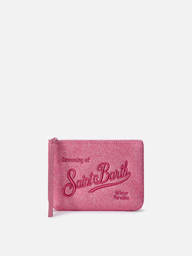 Bikini de lurex pochette fucsia Aline con bordado del logo 
