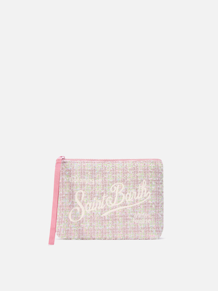 pochette de tweed rosa Aline con bordado de logo en lúrex 