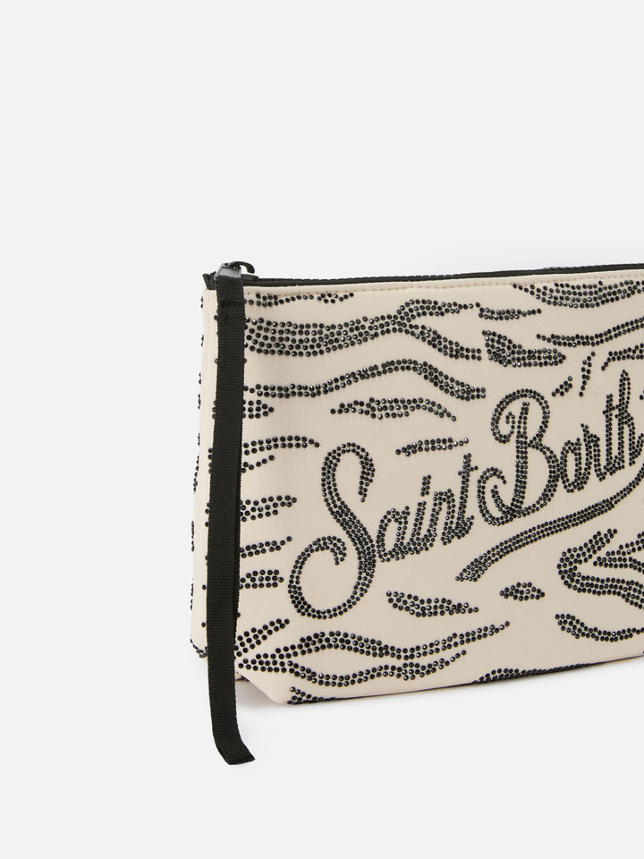 Aline scuba pouch with zebra print and applied rhinestones