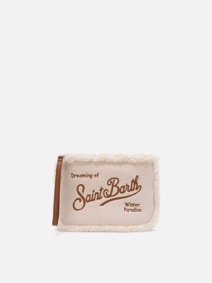 Borgoña Aline de pelo sintético efecto shearling pochette con bordado del logo 
