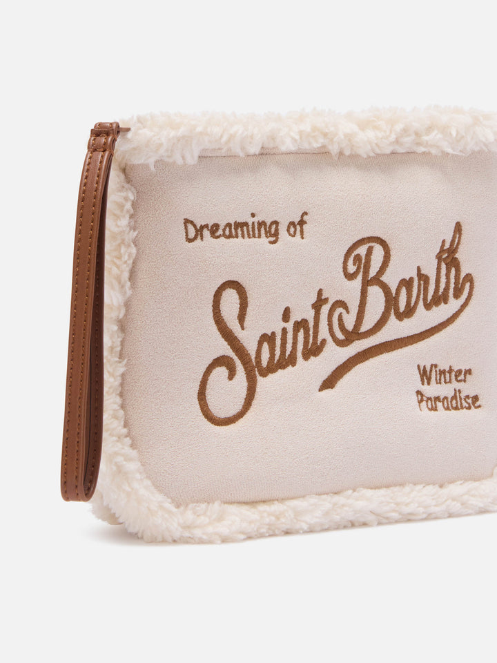 Borgoña Aline de pelo sintético efecto shearling pochette con bordado del logo 
