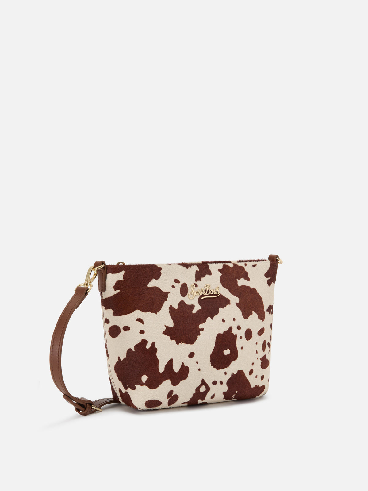 Aline Tasche aus Ponyfell mit Kuhmuster und Metall-Logoplakette 