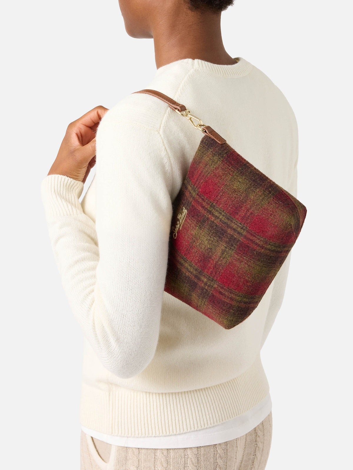 Borsa a spalla Aline con motivo tartan e manici in pelle