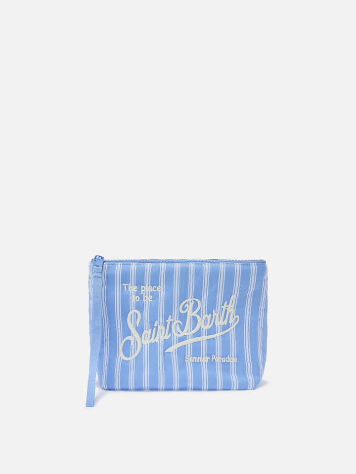 Aline light blue and white wide striped cotton pouch