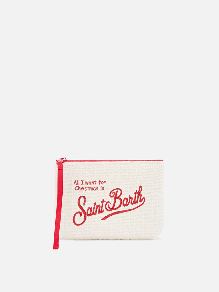 Off-white-Aline-Tricot pochette mit „Merry Christmas“-Stickerei 