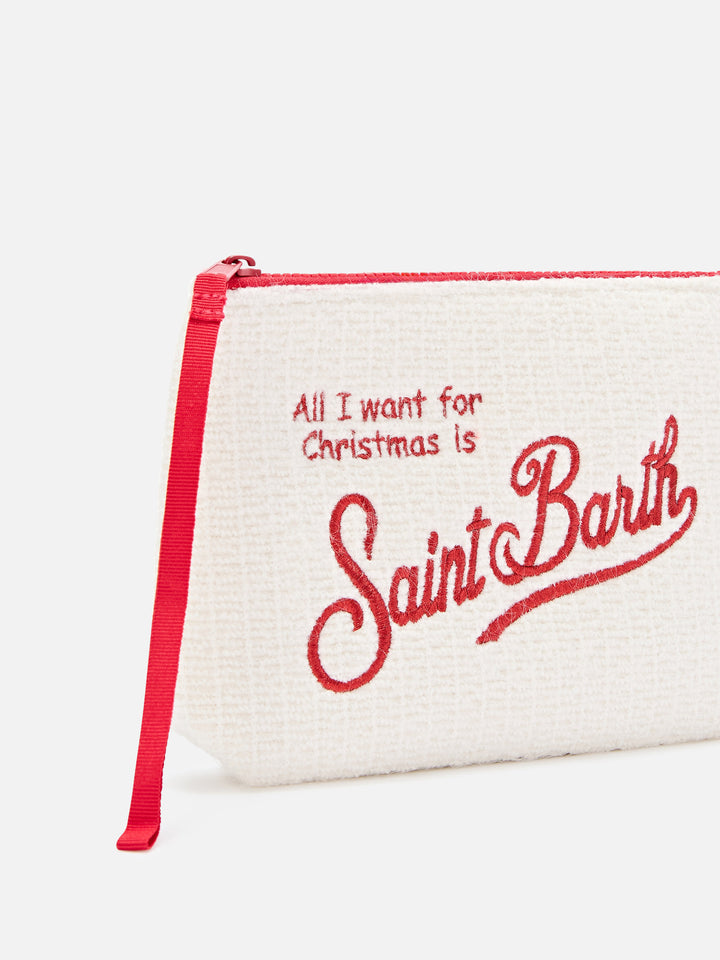 Off-white-Aline-Tricot pochette mit „Merry Christmas“-Stickerei 